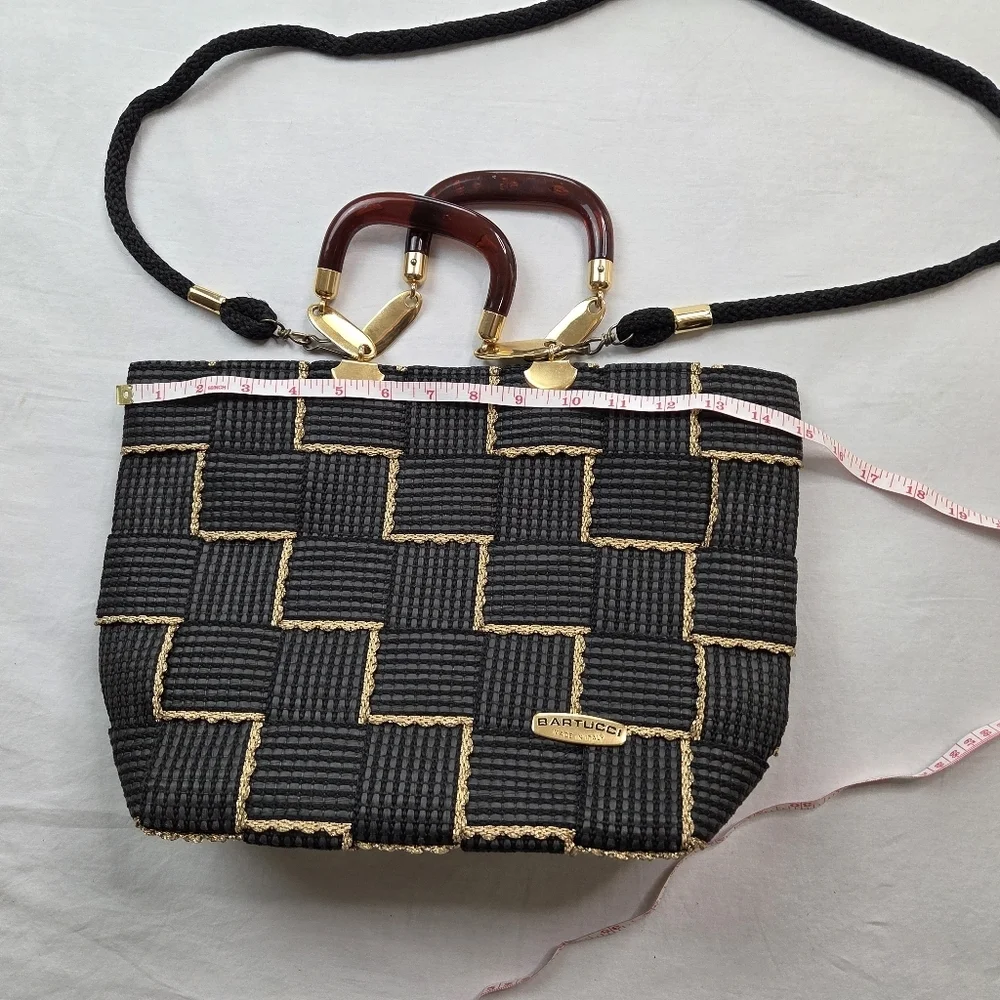 Bartucci Made in Italy Woven‎ Black Gold Tote Bag Rope Strap Top Handle